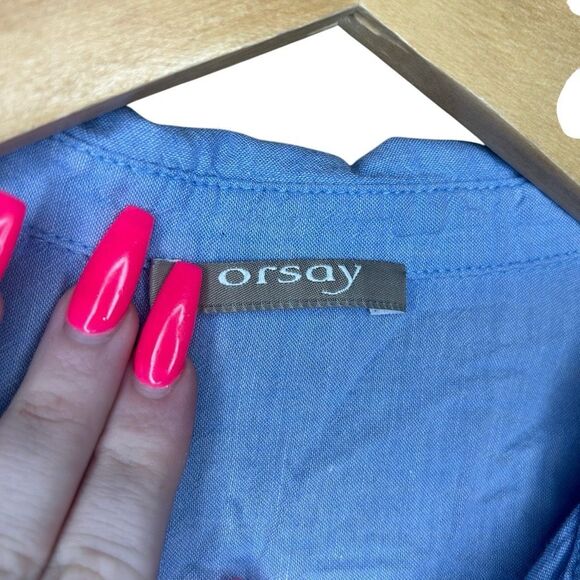 Orsay Blue 3/4 Sleeve Tunic Button Up Blouse Size 38 Collared High Low - Picture 9 of 13